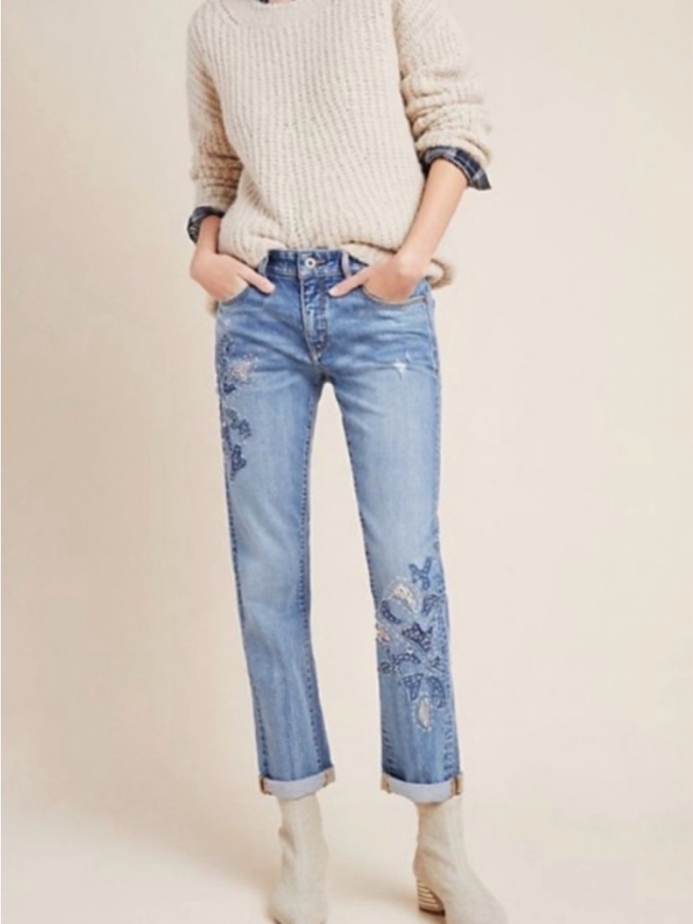 Anthropologie Pilcro  High-Rise Embroidered Boyfriend Jeans